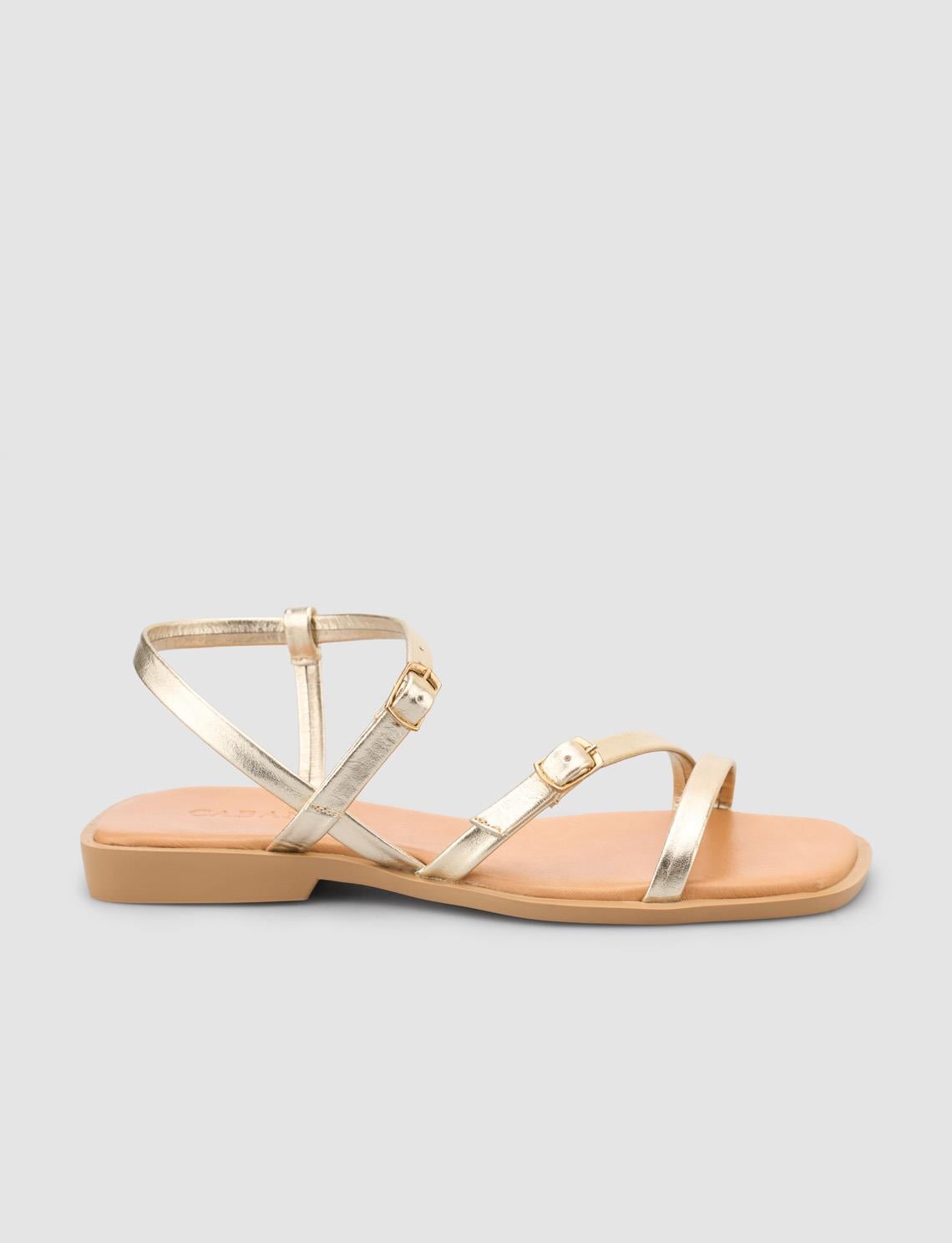 100% Genuine Leather Gold Colored Women's Sandals