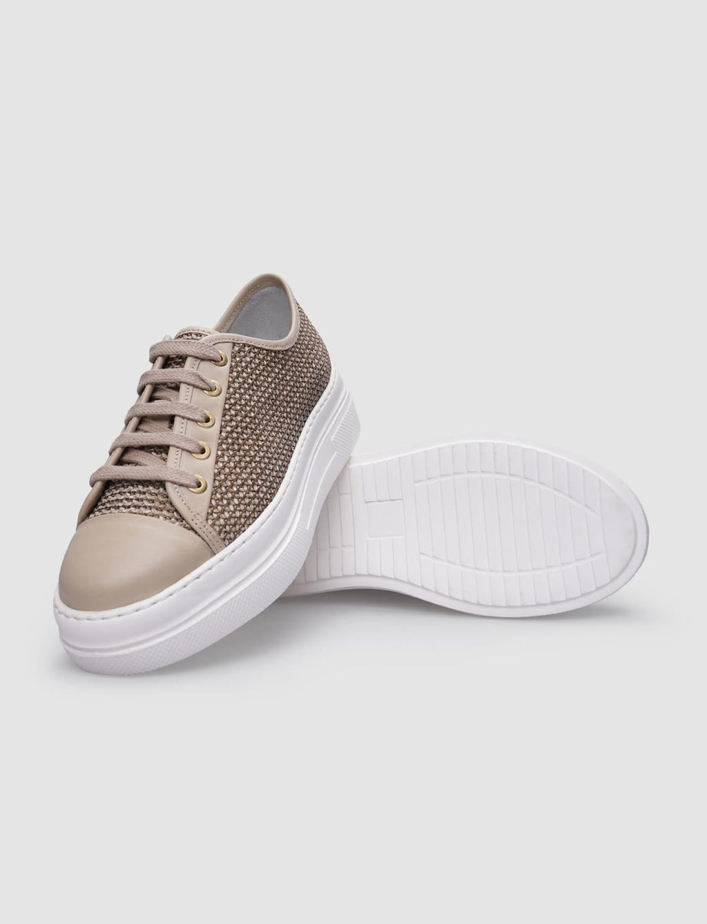 100% Genuine Leather Beige Lace-up Women's Athletic Shoes