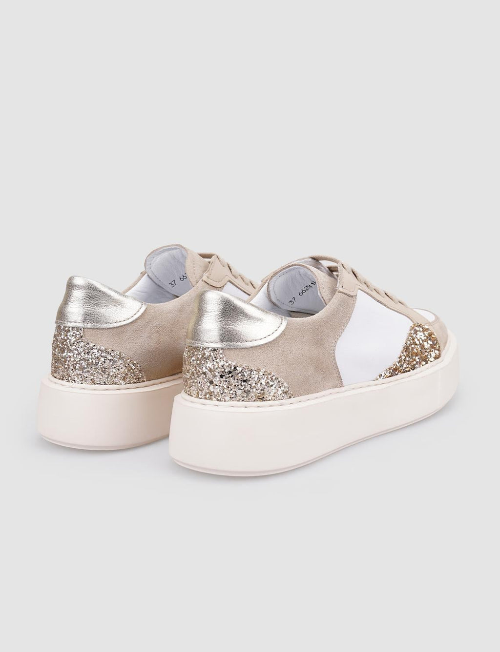 100% Genuine Leather Beige Women's Lace-up Athletic Shoes with Glitter Details