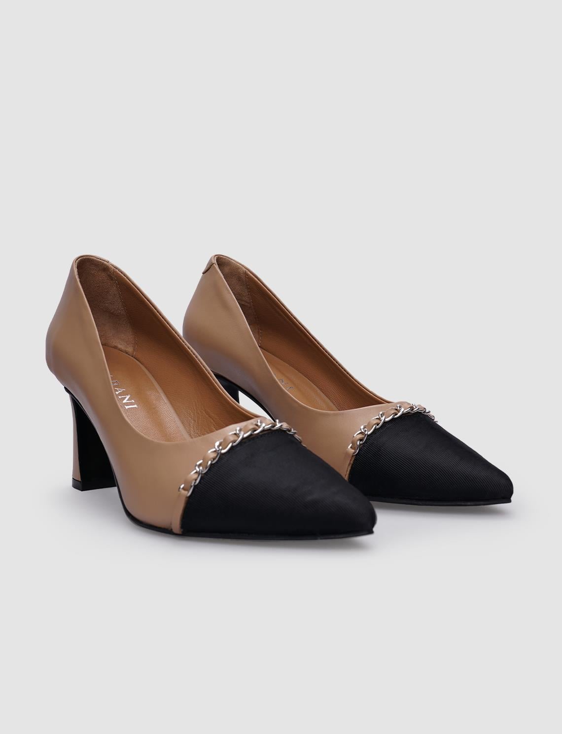 100% Genuine Leather Beige Women's High Heels with Buckle Detail