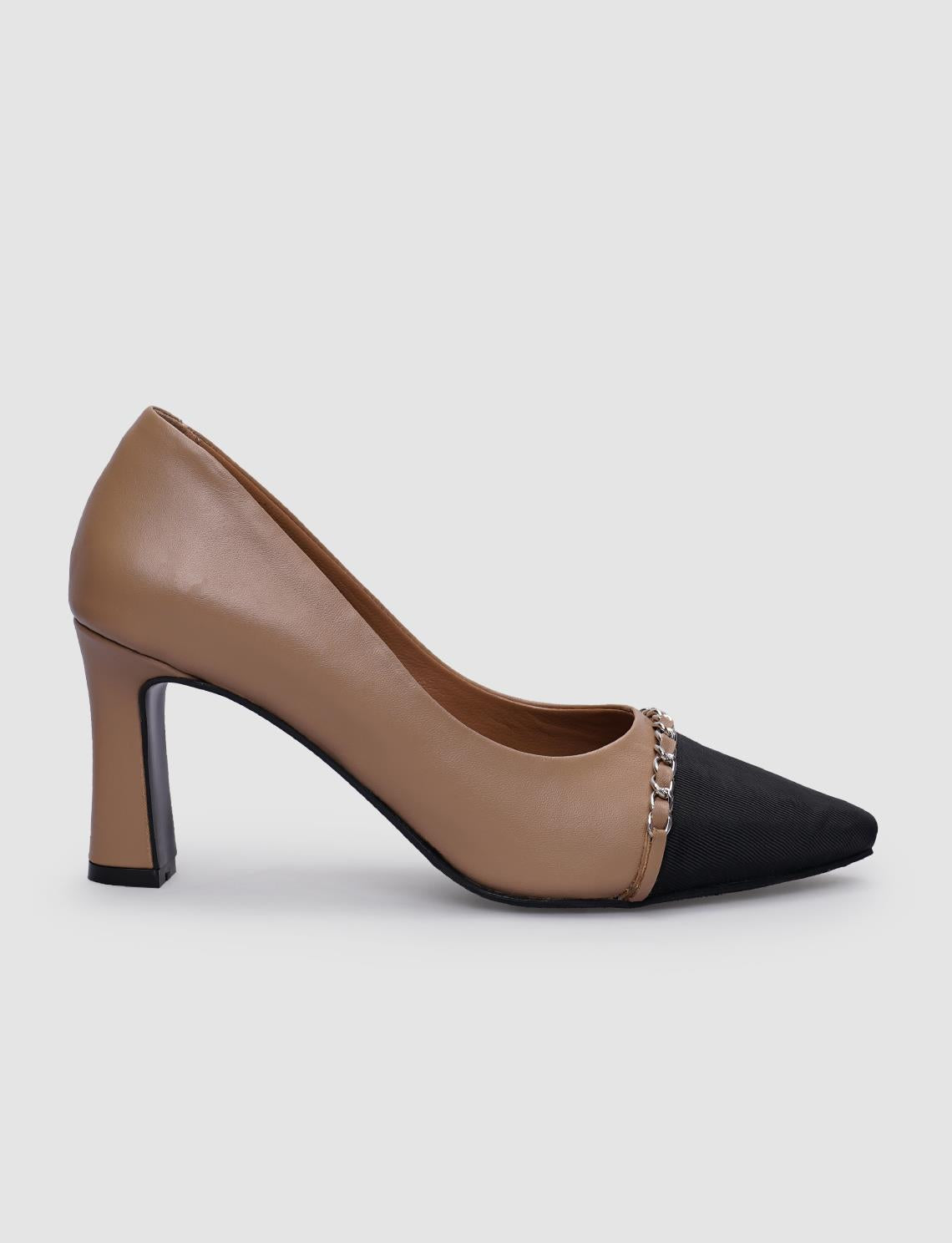 100% Genuine Leather Beige Women's High Heels with Buckle Detail