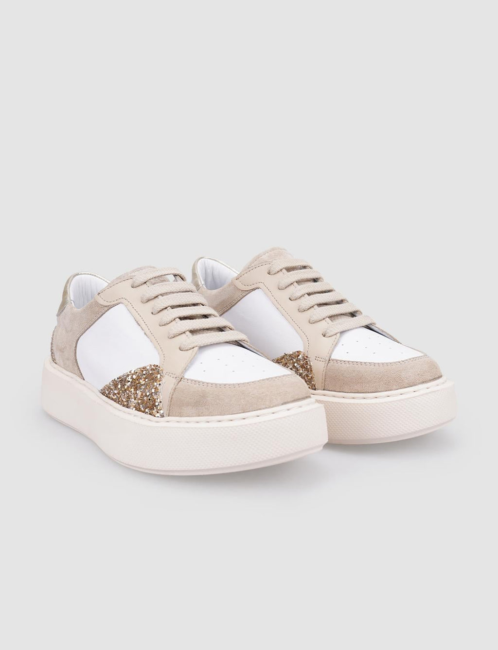 100% Genuine Leather Beige Women's Lace-up Athletic Shoes with Glitter Details