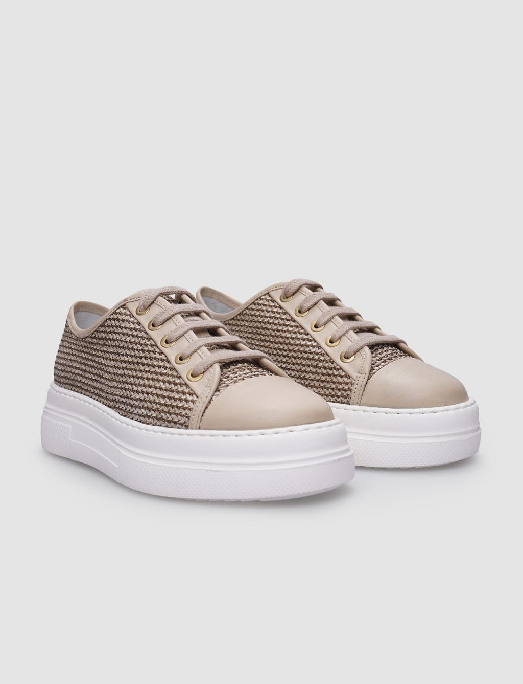 100% Genuine Leather Beige Lace-up Women's Athletic Shoes