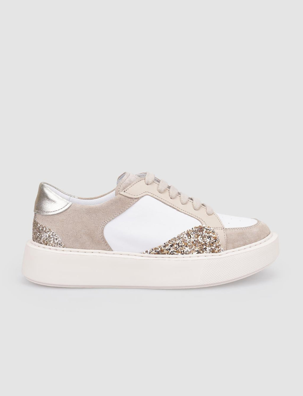 100% Genuine Leather Beige Women's Lace-up Athletic Shoes with Glitter Details