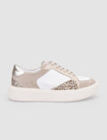 100% Genuine Leather Beige Women's Lace-up Athletic Shoes with Glitter Details
