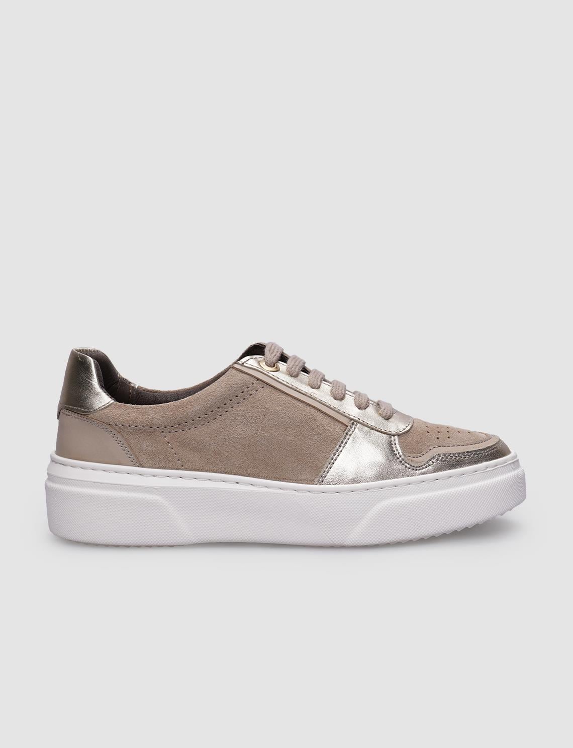 100% Genuine Leather Beige Lace-up Women's Sneaker