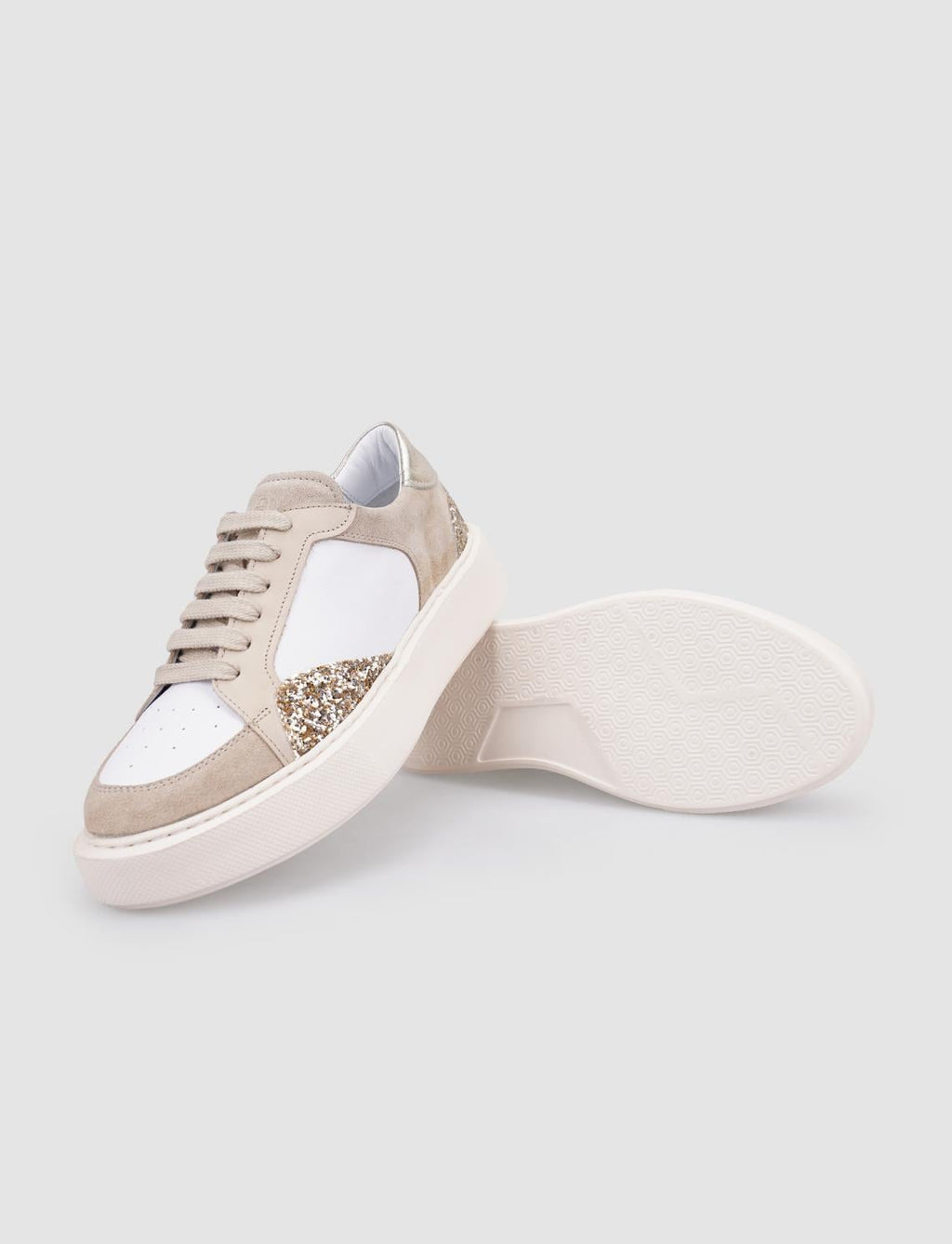 100% Genuine Leather Beige Women's Lace-up Athletic Shoes with Glitter Details