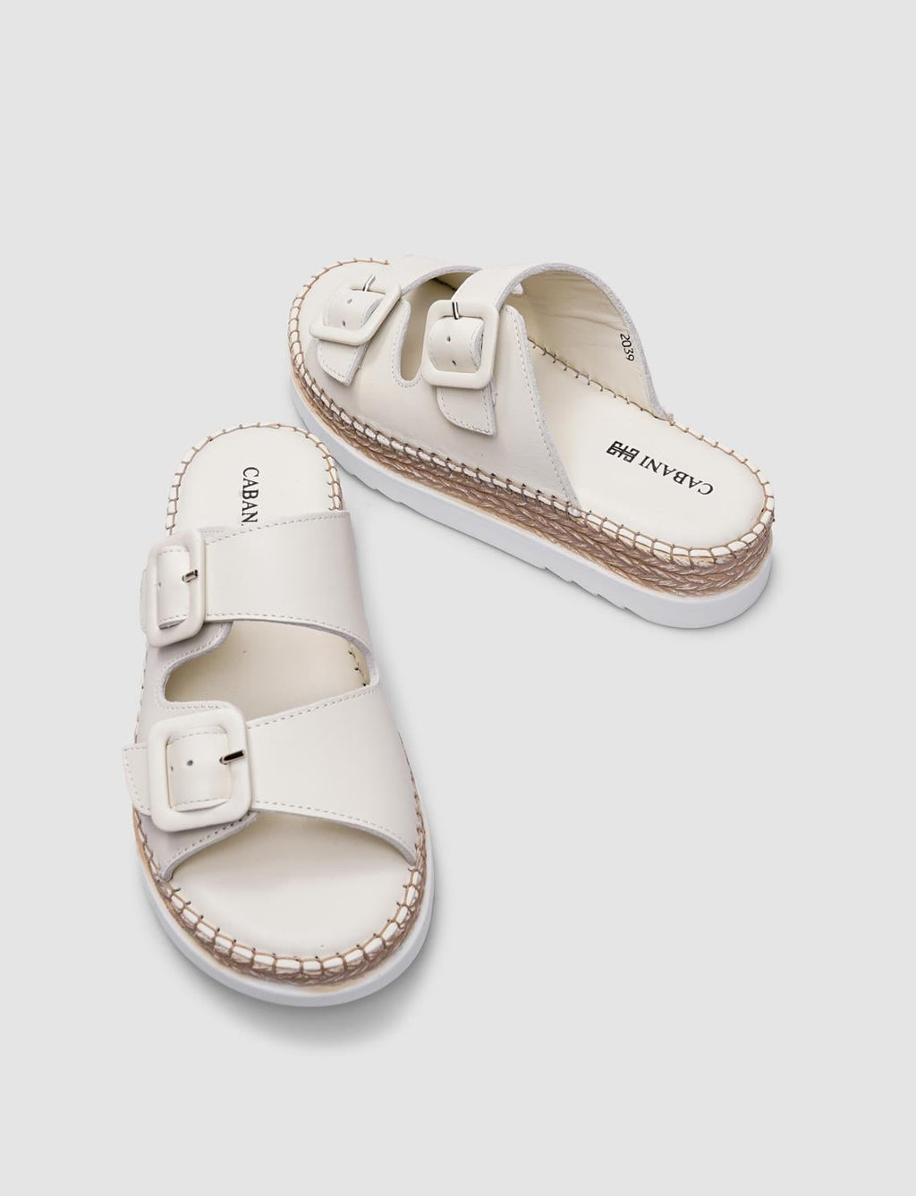 100% Genuine Leather Beige Double Buckle Women's Slippers