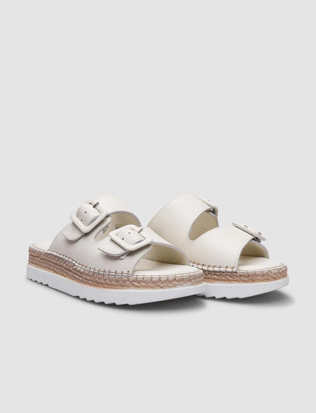 100% Genuine Leather Beige Double Buckle Women's Slippers