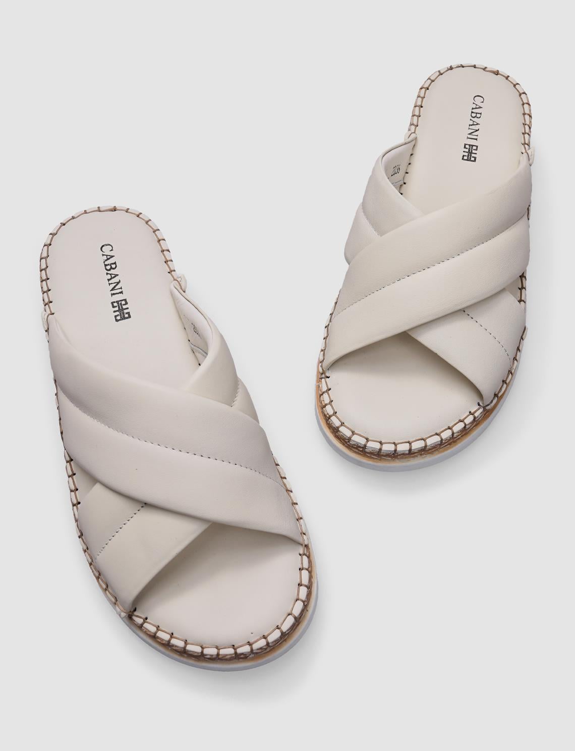 100% Genuine Leather Beige Cross Strap Women's Slippers