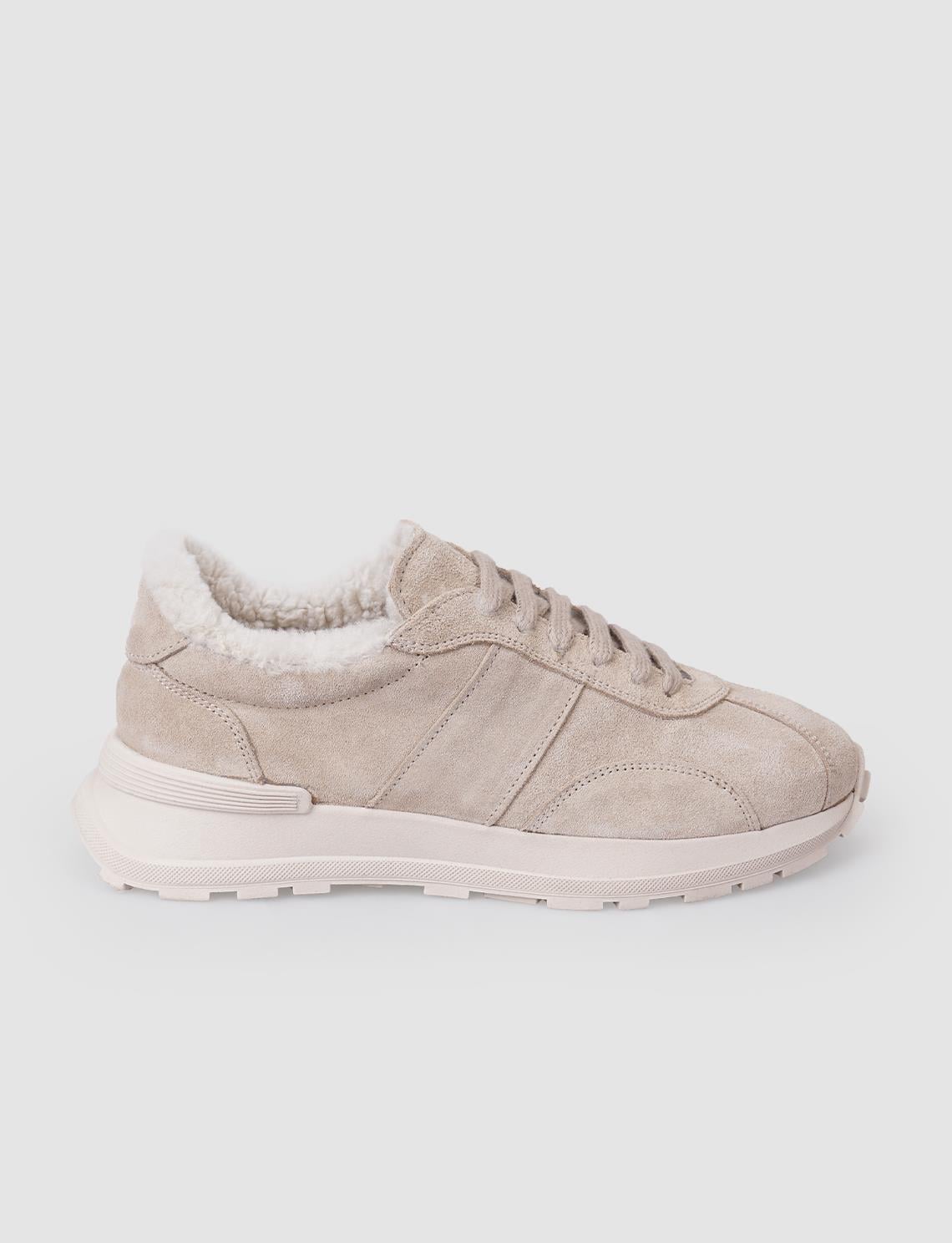 100% Genuine Leather Beige Suede Fur-Lined Women's Athletic Shoes