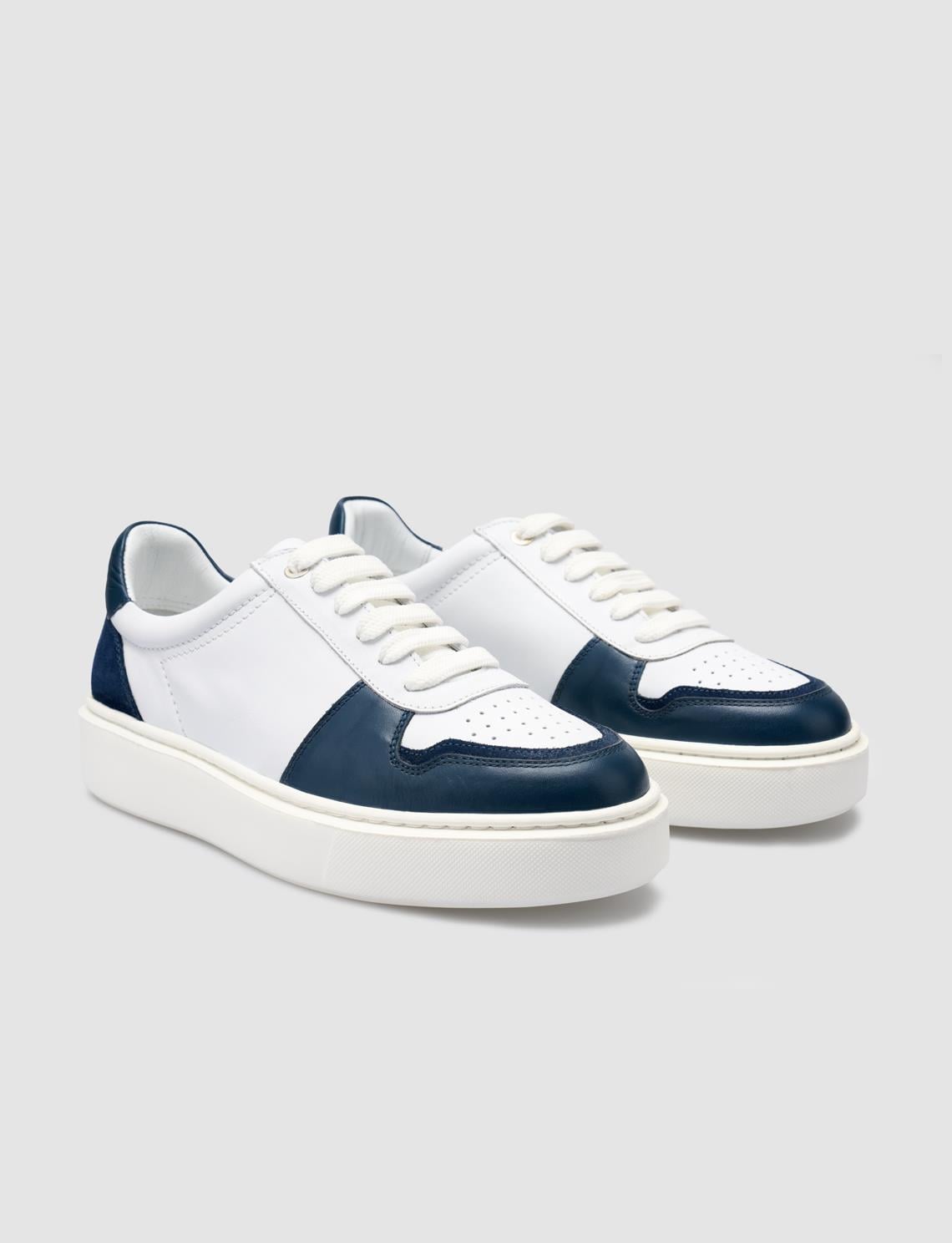 100% Genuine Leather White - Blue Lace-up Men's Sneaker