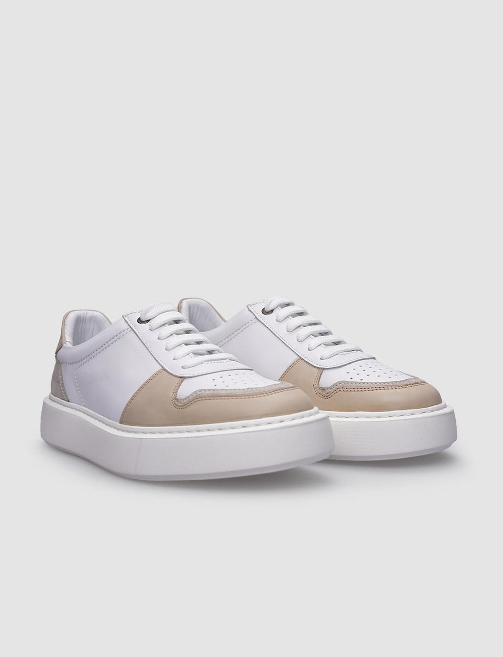 100% Genuine Leather White - Beige Lace-up Men's Sneaker