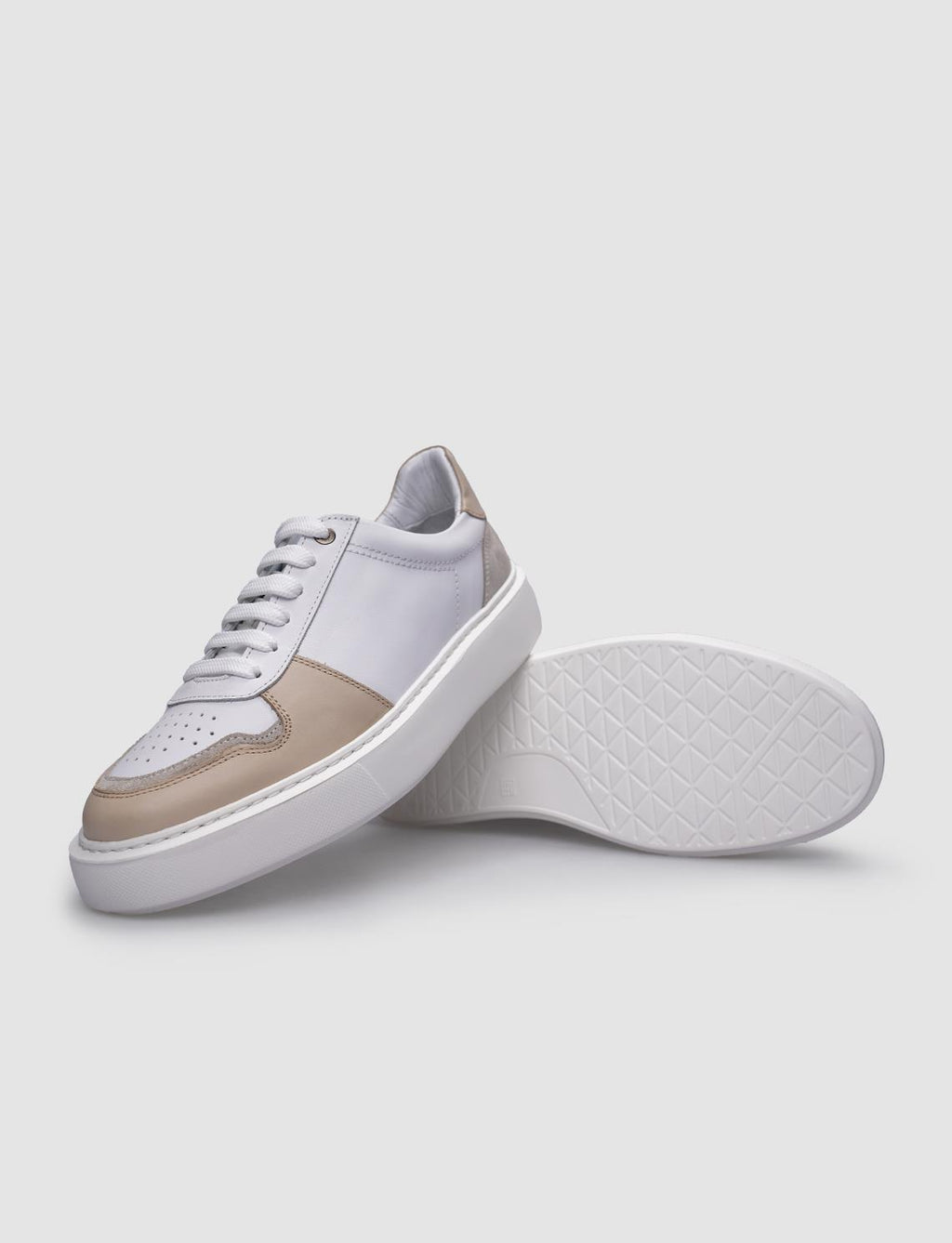 100% Genuine Leather White - Beige Lace-up Men's Sneaker