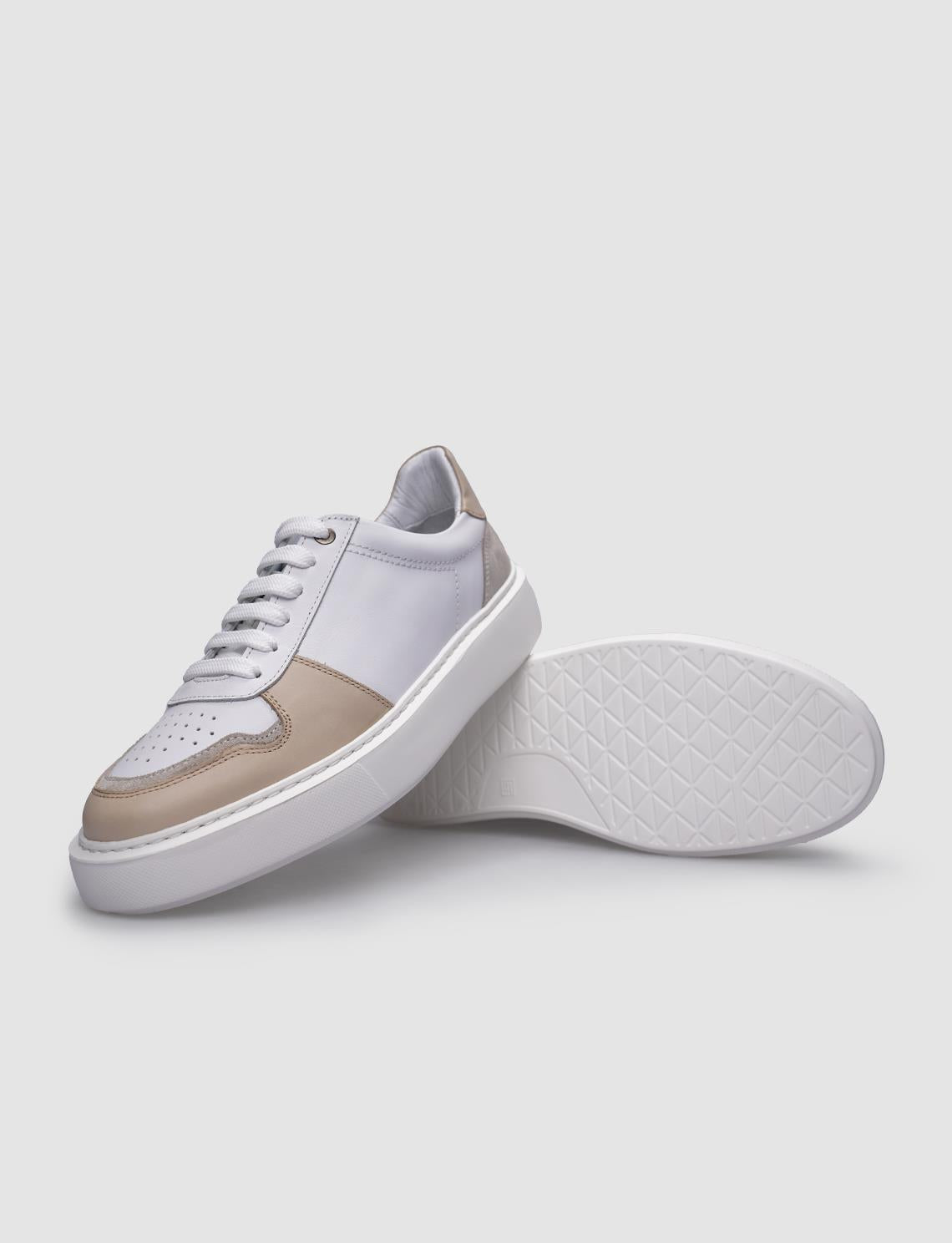 100% Genuine Leather White - Beige Lace-up Men's Sneaker
