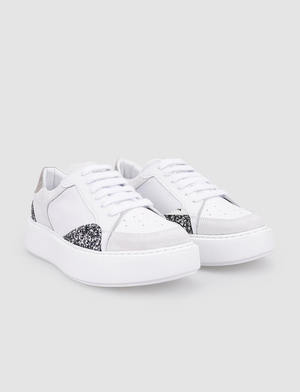100% Genuine Leather White Sequin Detail Lace-up Women's Athletic Shoes