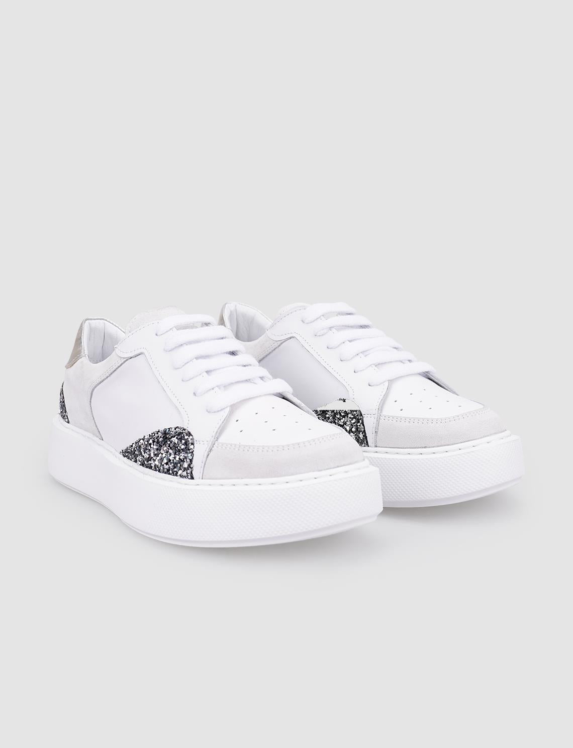 100% Genuine Leather White Sequin Detail Lace-up Women's Athletic Shoes