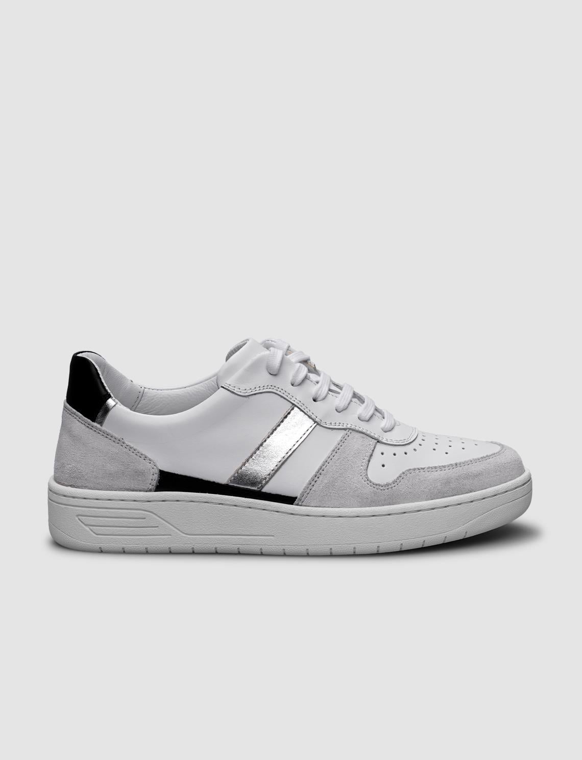 100% Genuine Leather White - Silver Lace-up Women's Athletic Shoes