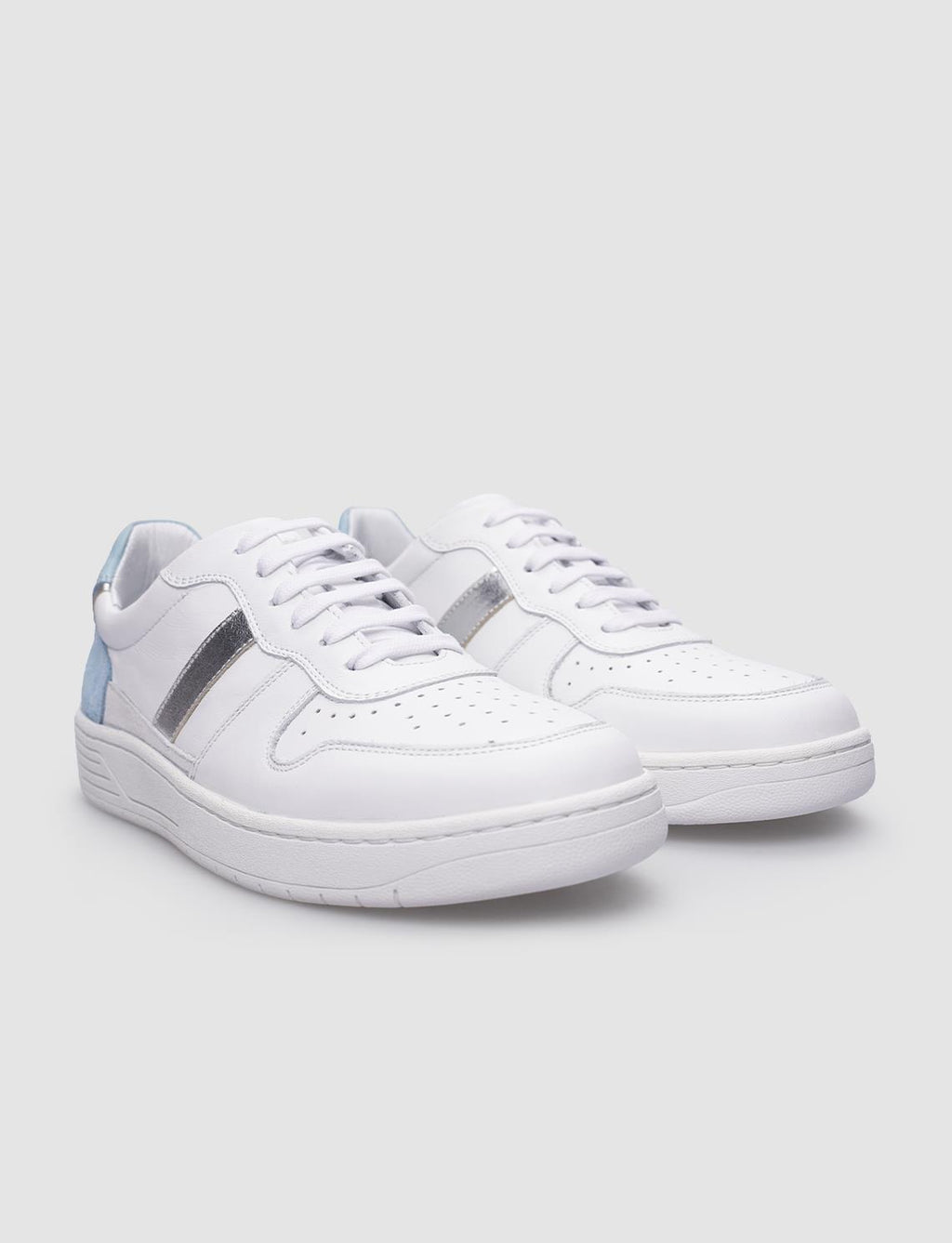 100% Genuine Leather White - Blue Lace-up Women's Sneaker