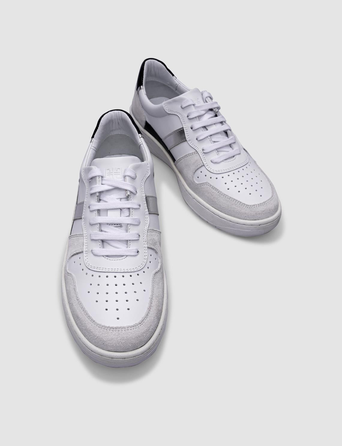 100% Genuine Leather White - Silver Lace-up Women's Athletic Shoes