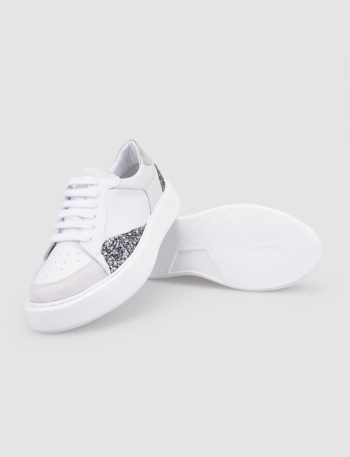100% Genuine Leather White Sequin Detail Lace-up Women's Athletic Shoes