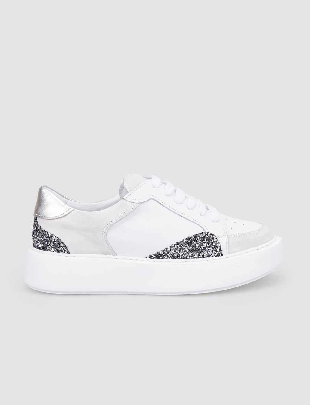 100% Genuine Leather White Sequin Detail Lace-up Women's Athletic Shoes