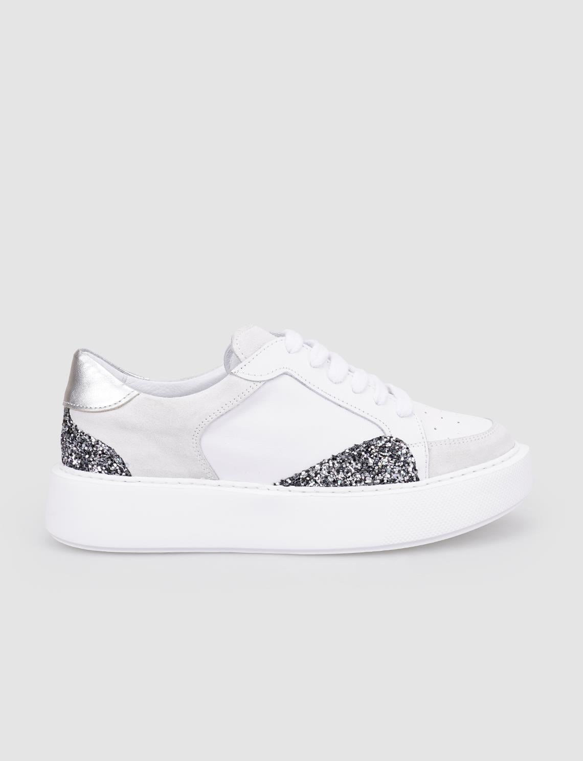 100% Genuine Leather White Sequin Detail Lace-up Women's Athletic Shoes