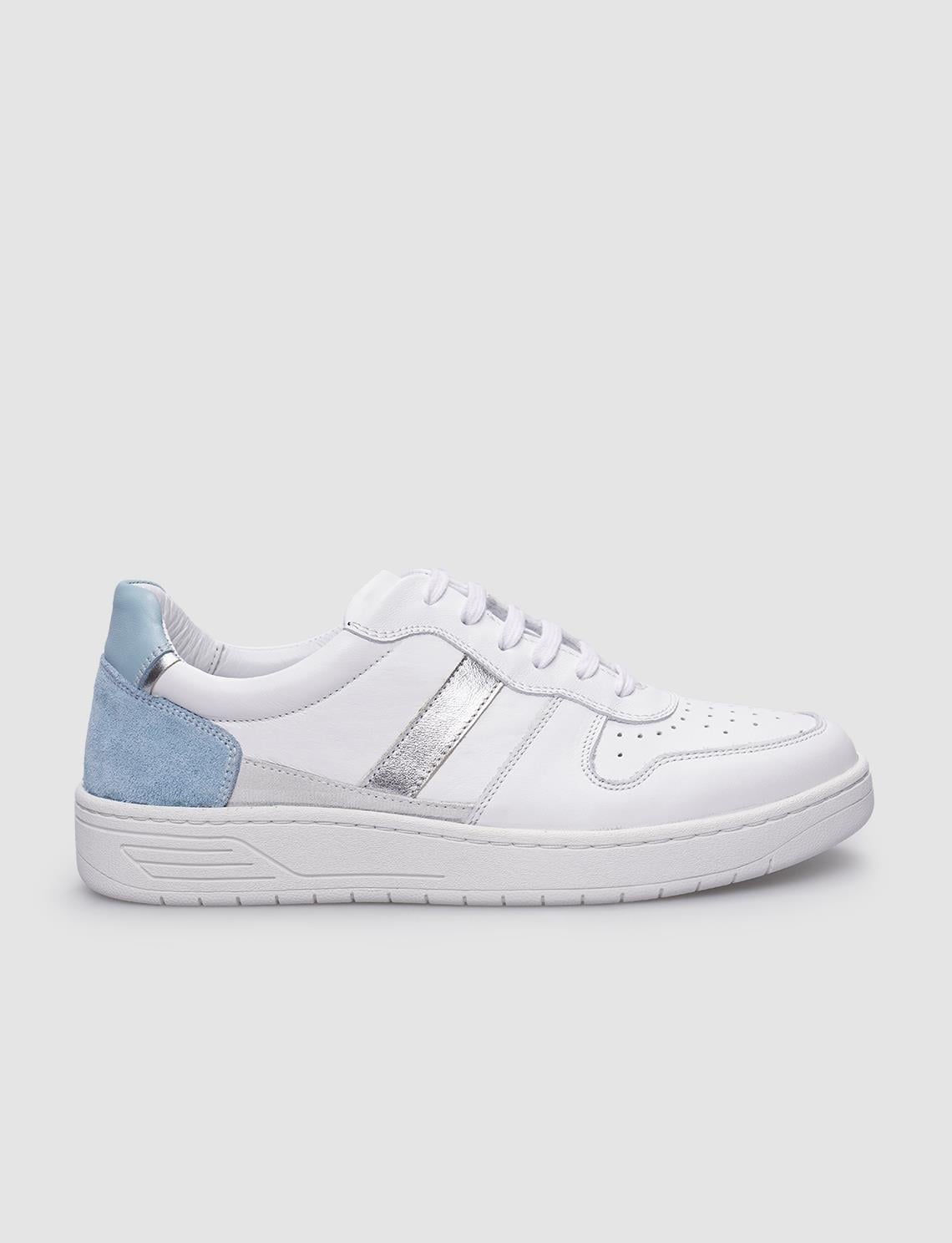 100% Genuine Leather White - Blue Lace-up Women's Sneaker