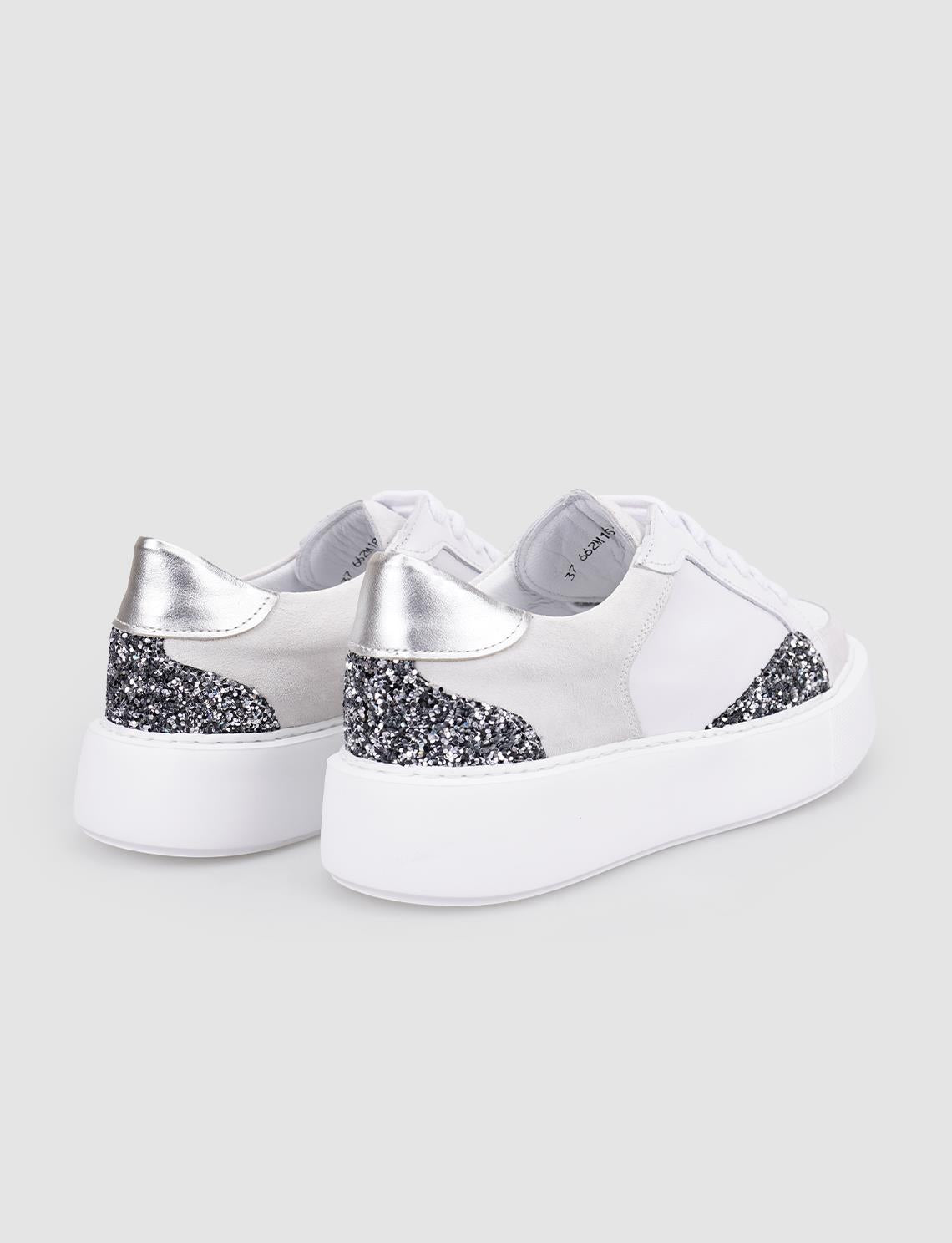 100% Genuine Leather White Sequin Detail Lace-up Women's Athletic Shoes