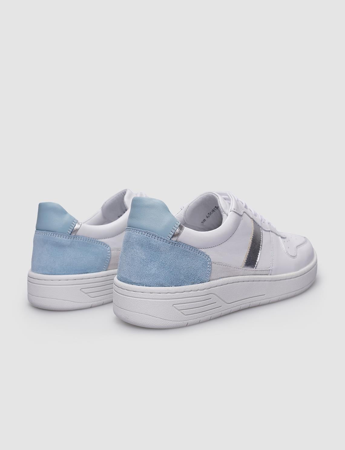 100% Genuine Leather White - Blue Lace-up Women's Sneaker