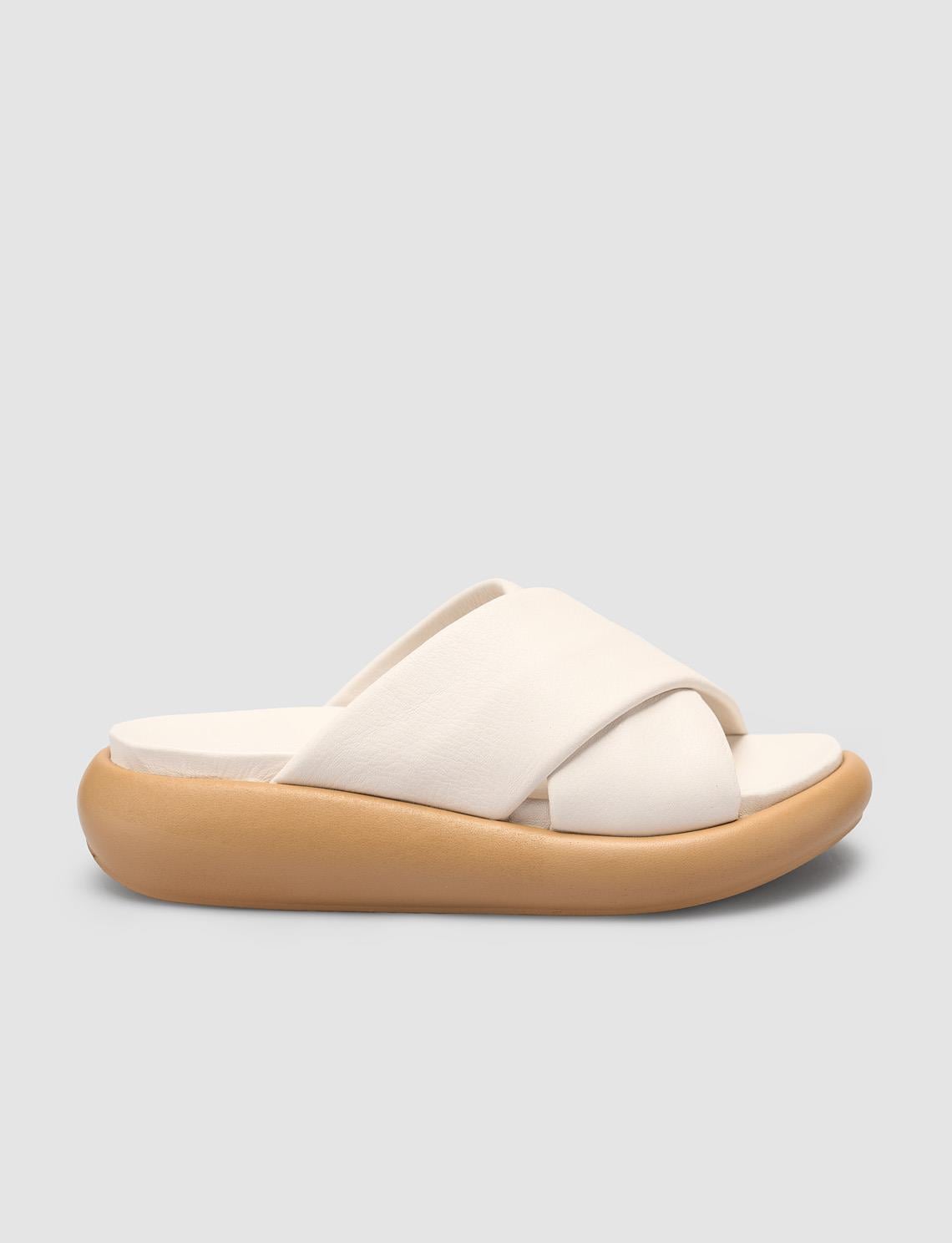 100% Genuine Leather Off-White Women's Slippers