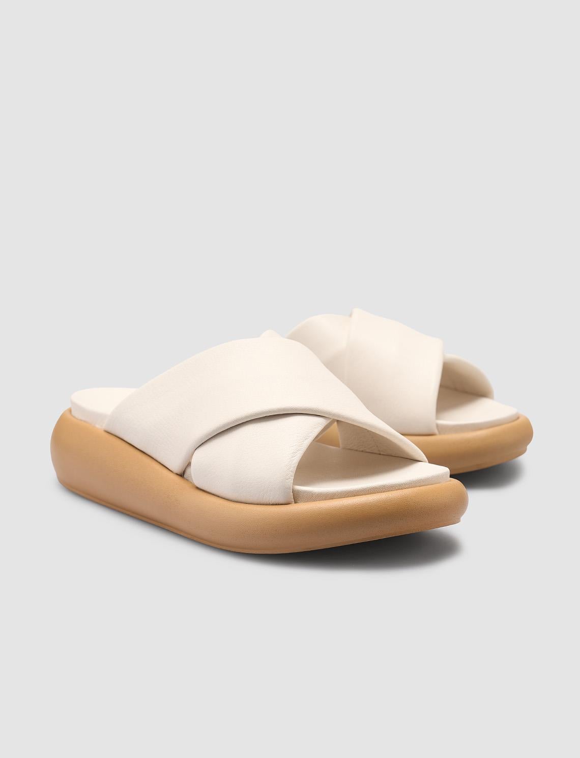 100% Genuine Leather Off-White Women's Slippers