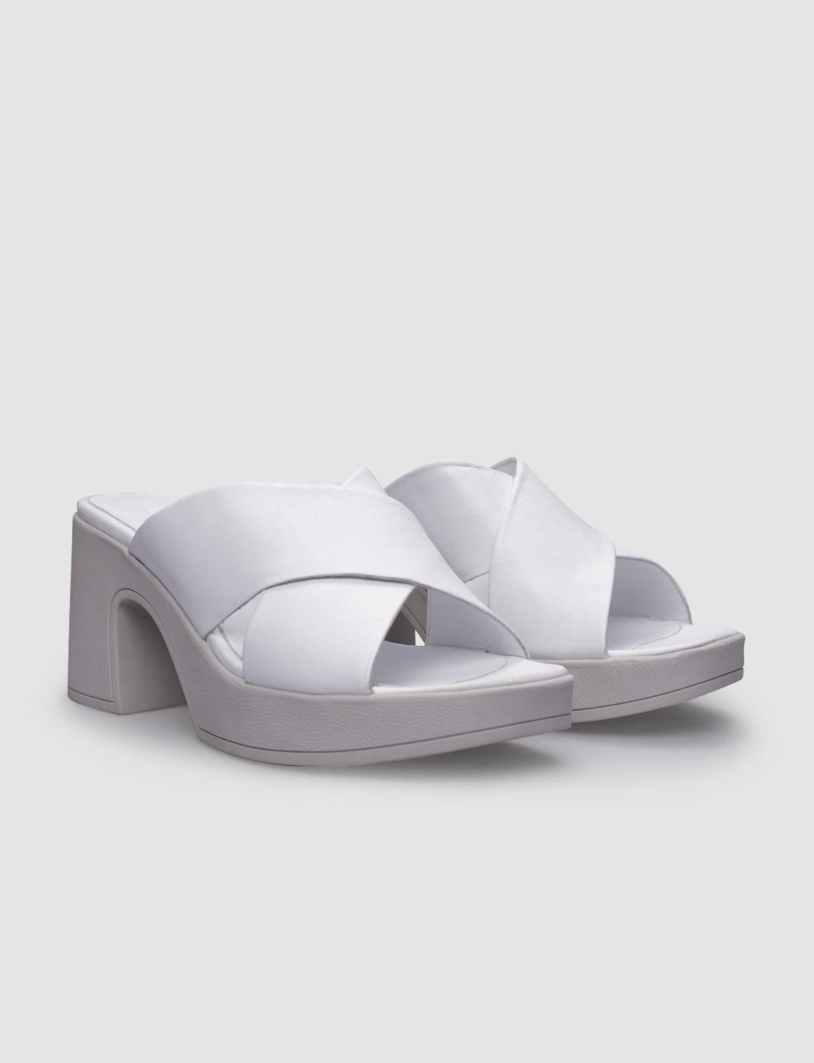 100% Genuine Leather White Women's High-Heeled Slippers