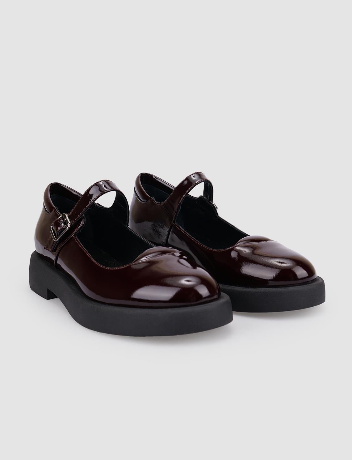 100% Genuine Leather Burgundy Patent Leather Women's Shoes with Buckle Detail