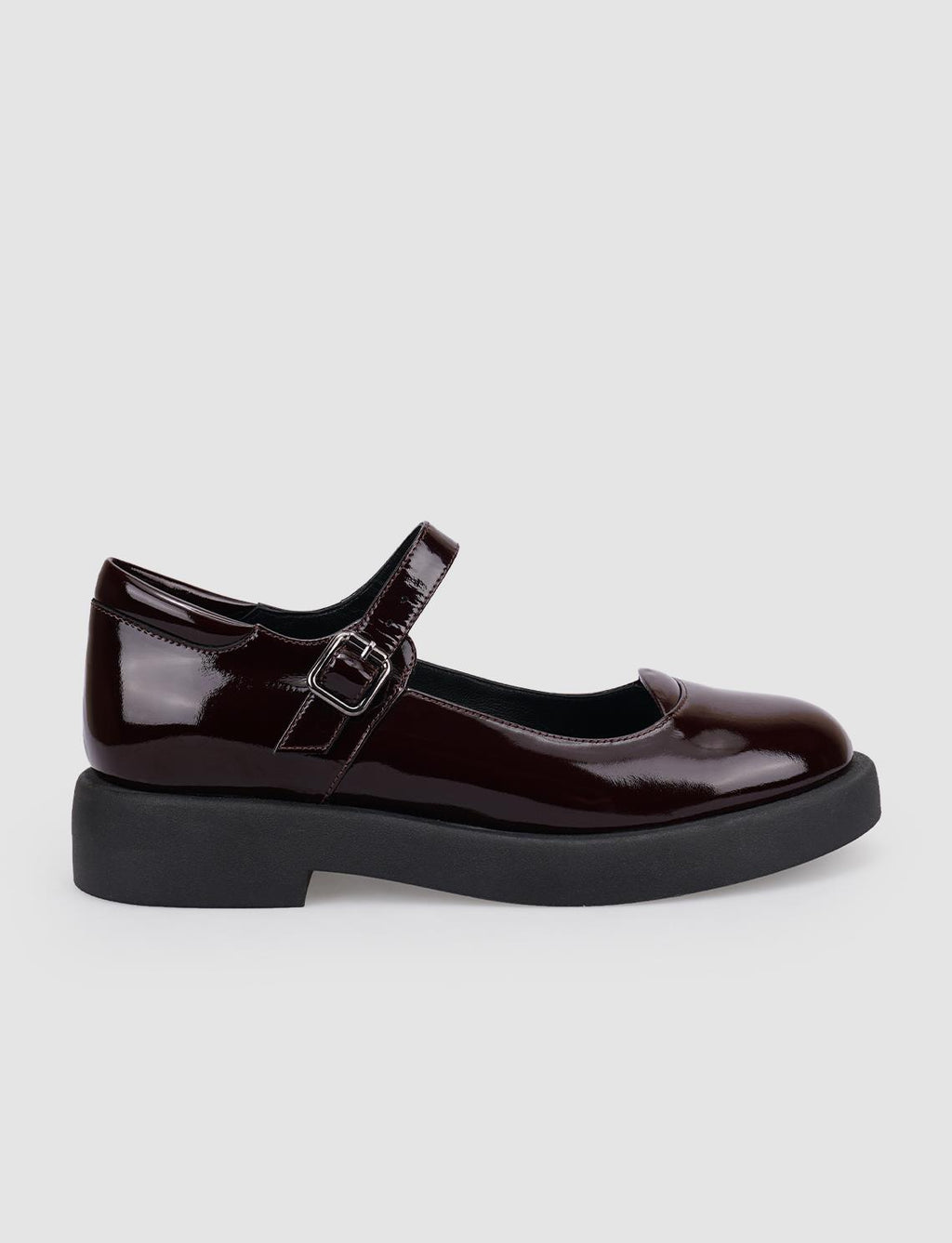 100% Genuine Leather Burgundy Patent Leather Women's Shoes with Buckle Detail