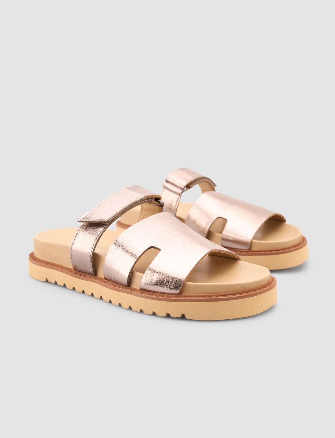 100% Genuine Leather Shiny Bronze Women's Slippers