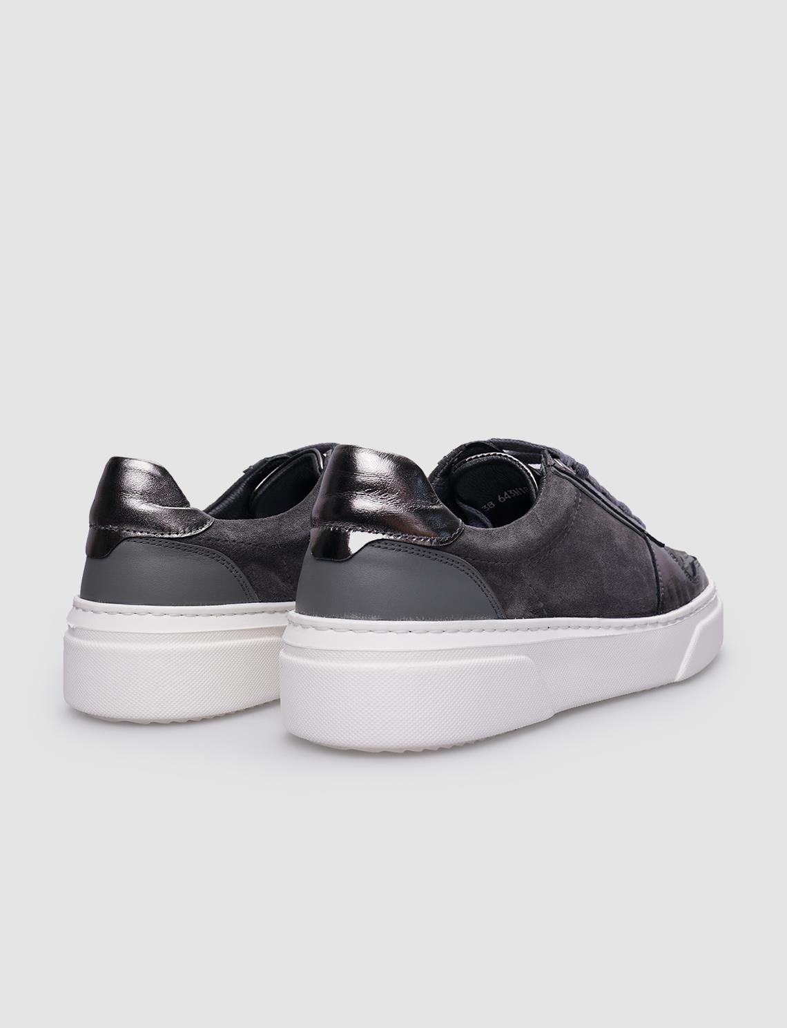 100% Genuine Leather Grey Lace-up Women's Sneaker