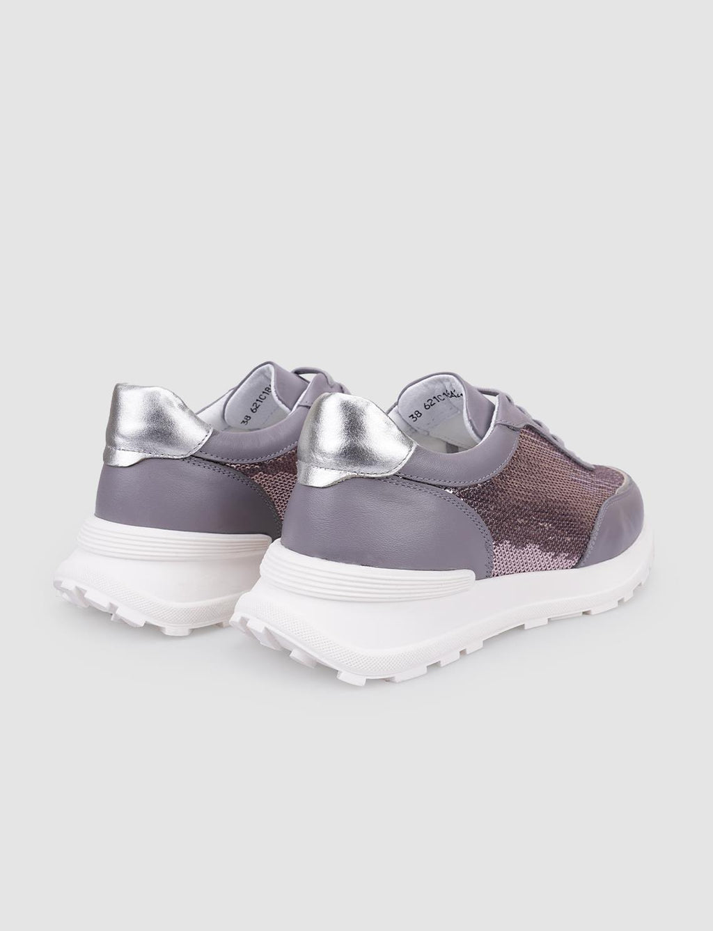 100% Genuine Leather Grey Lace-up Women's Athletic Shoes with Sequin Details