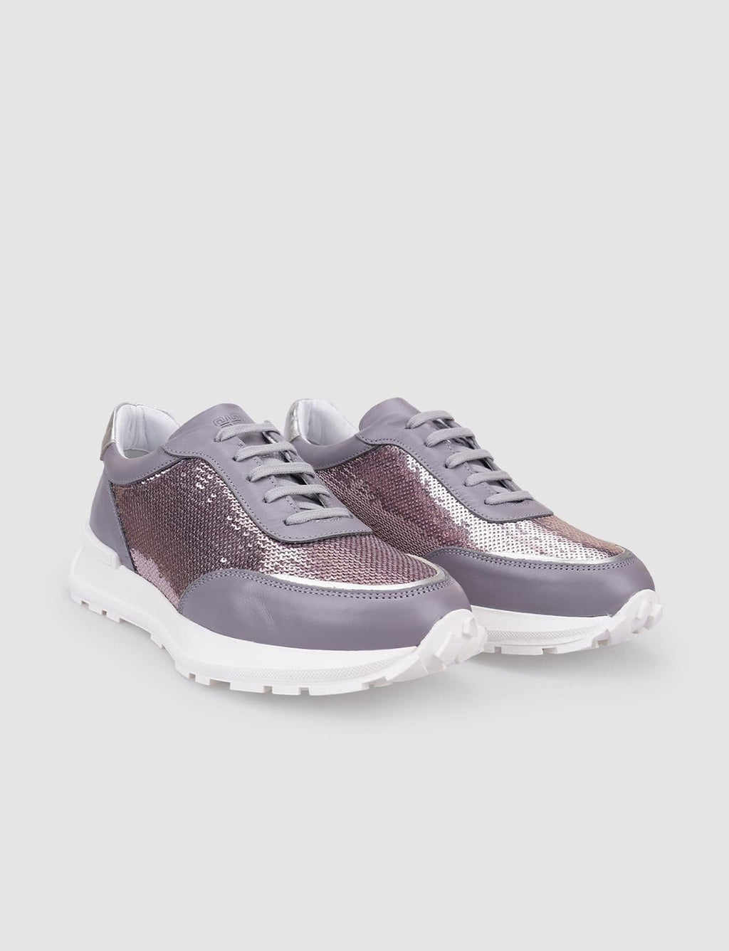 100% Genuine Leather Grey Lace-up Women's Athletic Shoes with Sequin Details