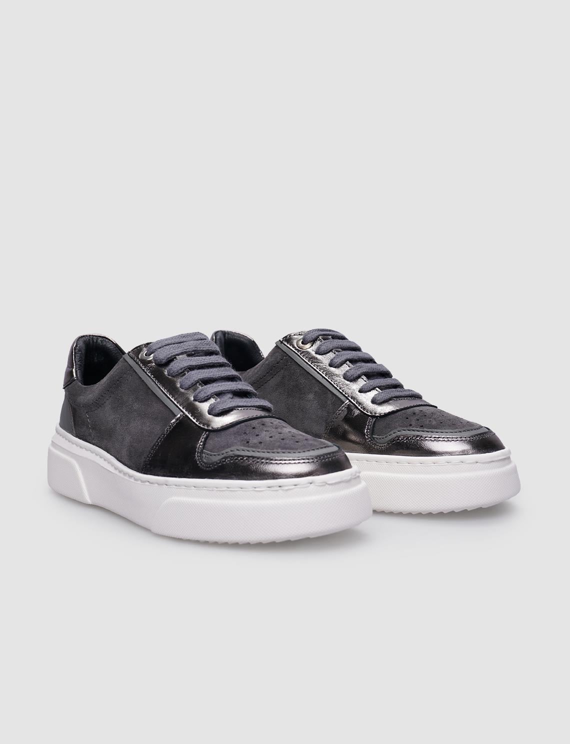 100% Genuine Leather Grey Lace-up Women's Sneaker