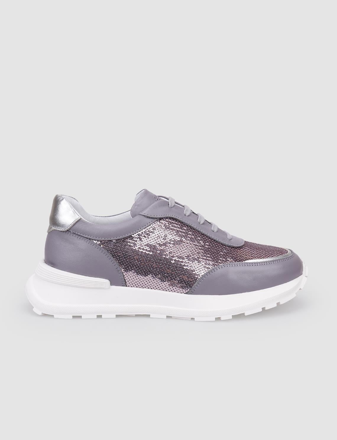 100% Genuine Leather Grey Lace-up Women's Athletic Shoes with Sequin Details