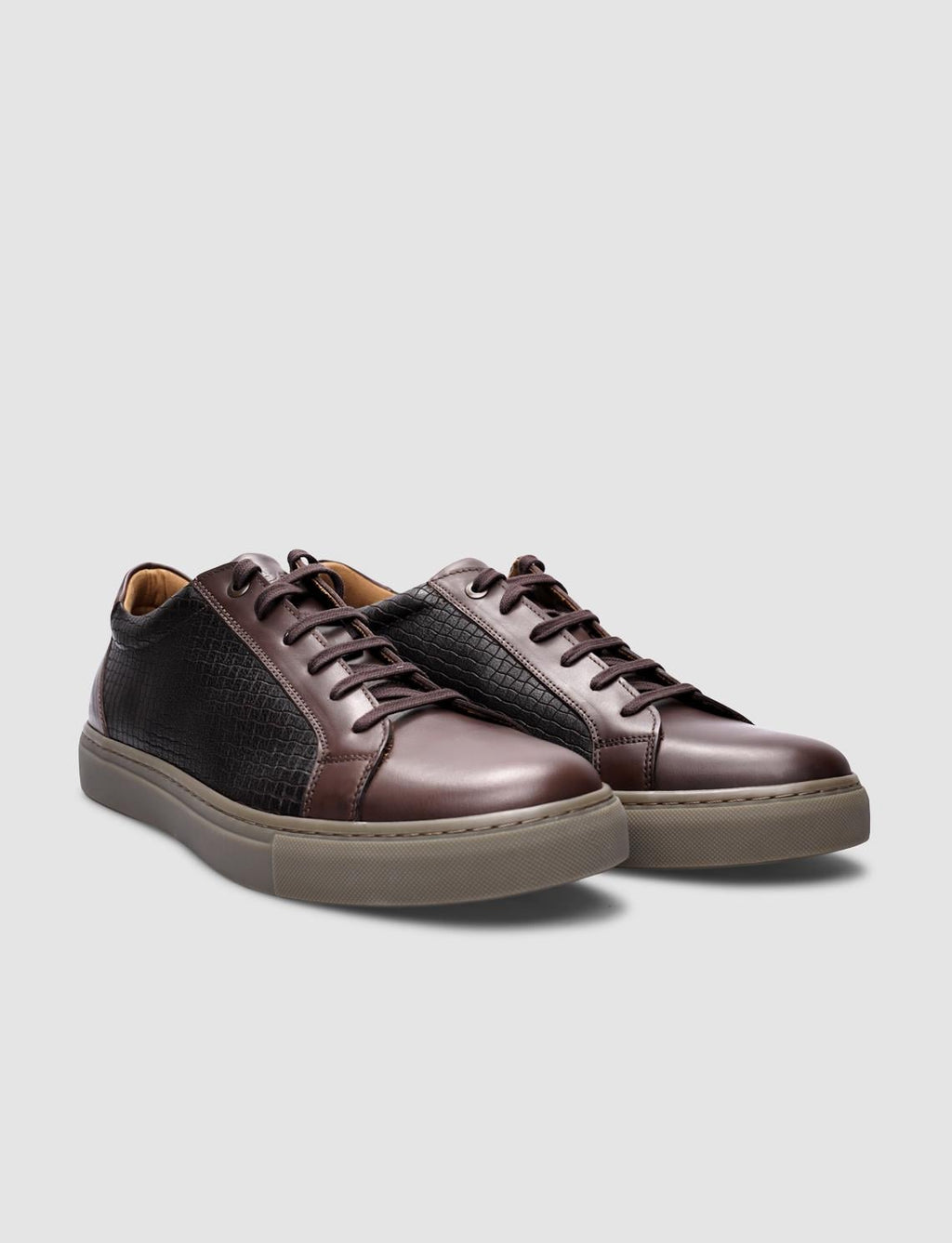 100% Genuine Leather Brown Square Patterned Lace-up Men's Sneaker