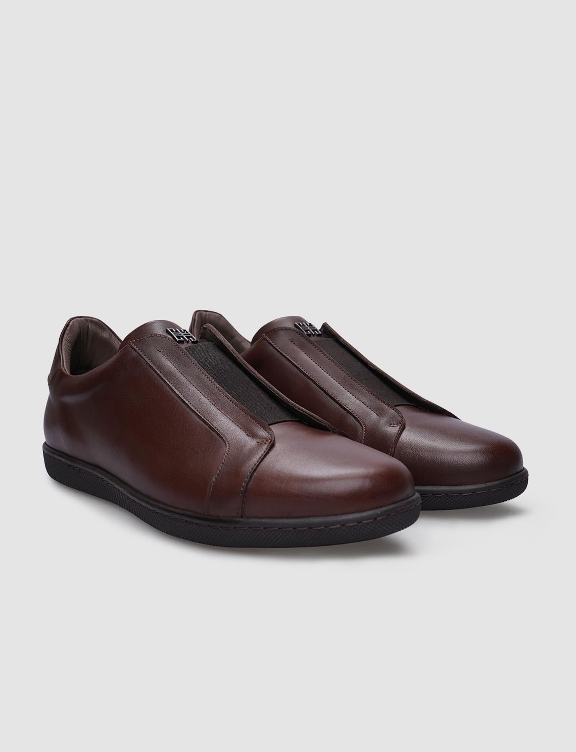 100% Genuine Leather Brown Elasticated Men's Sneaker