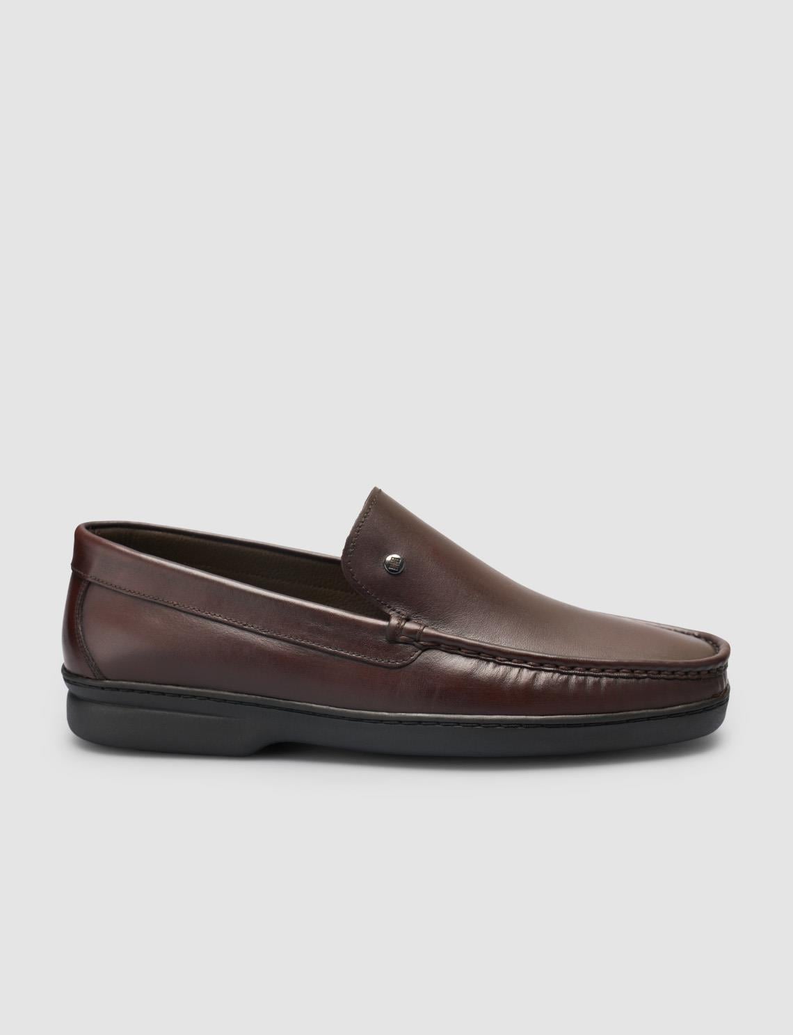 100% Genuine Leather Brown Loafer Shoes with Stitching Detail