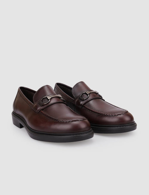100% Genuine Leather Brown Buckle Men's Loafer
