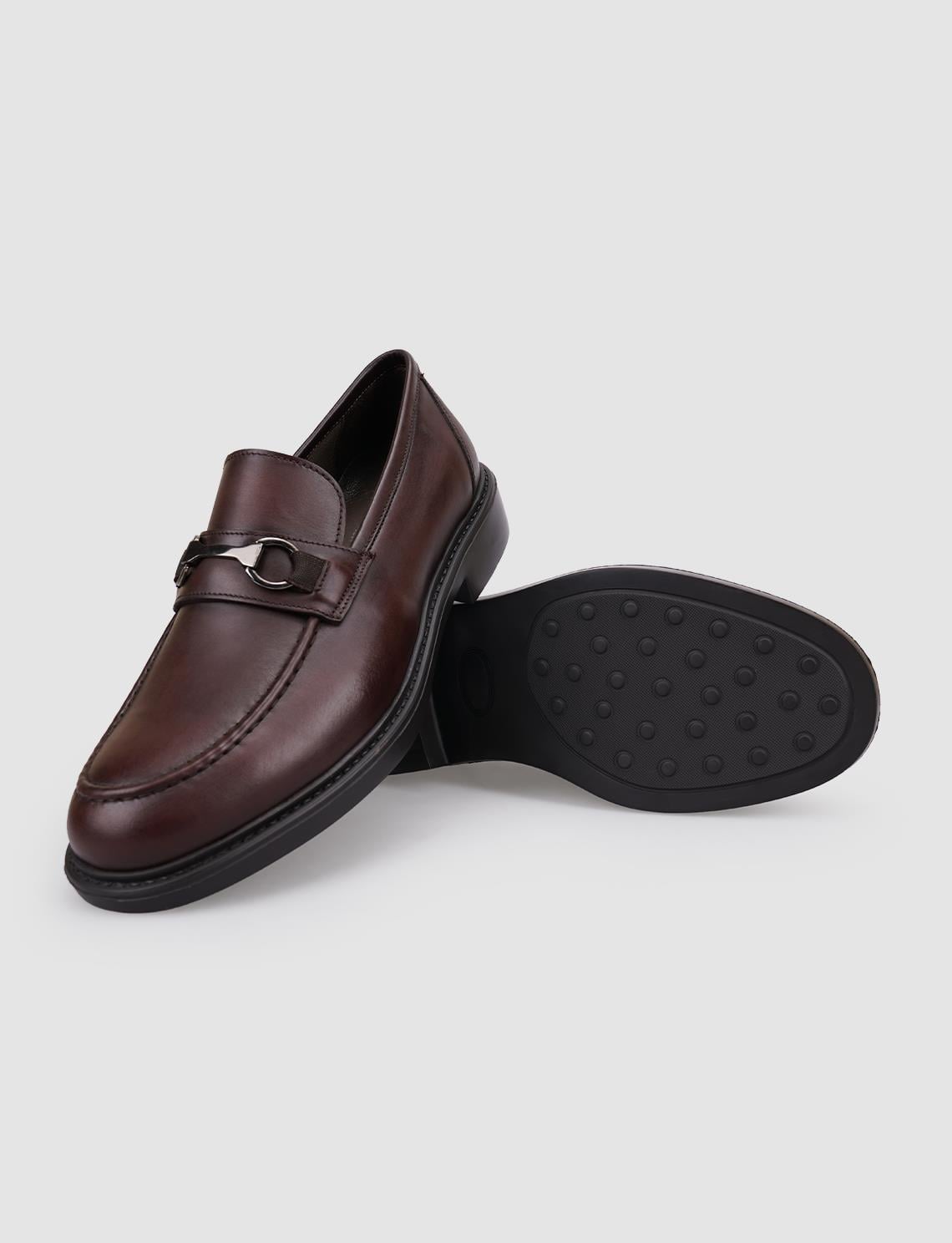 100% Genuine Leather Brown Buckle Men's Loafer