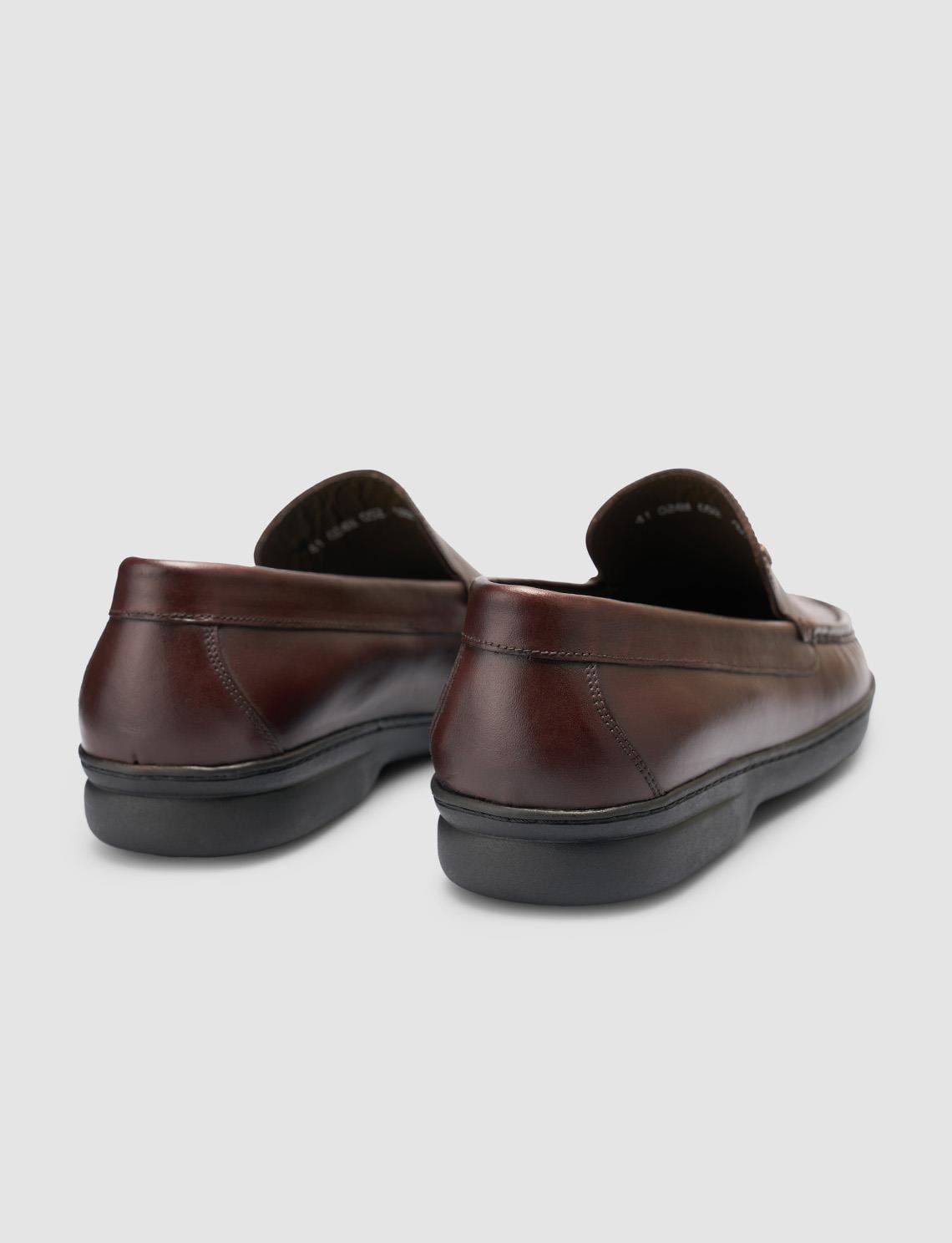 100% Genuine Leather Brown Loafer Shoes with Stitching Detail