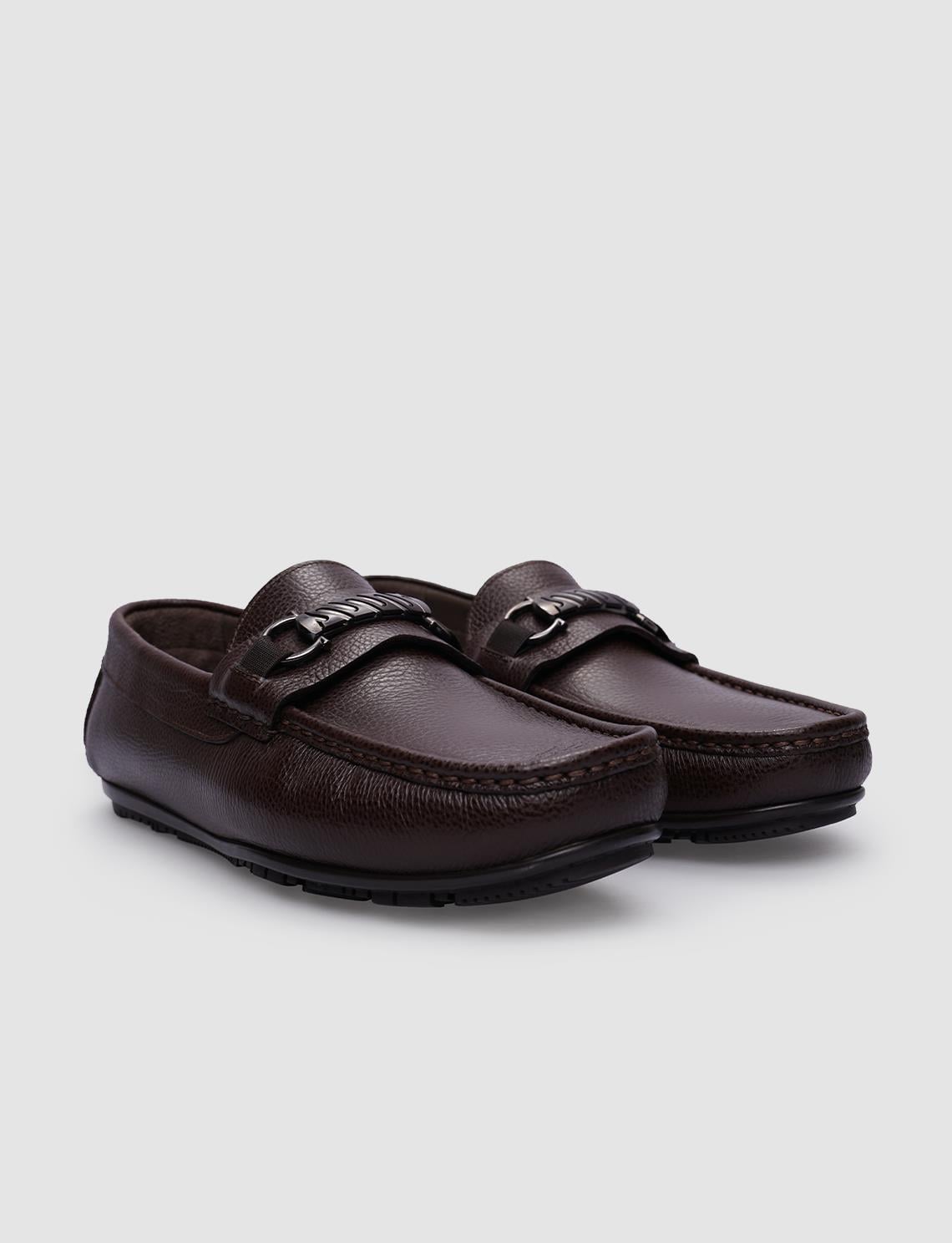 100% Genuine Leather Brown Buckle Men's Loafer