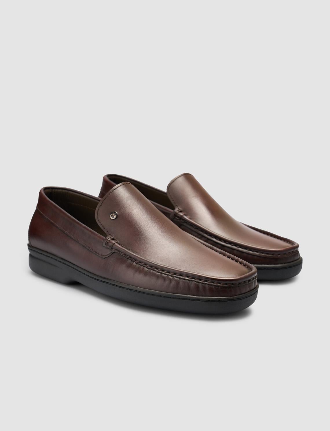 100% Genuine Leather Brown Loafer Shoes with Stitching Detail