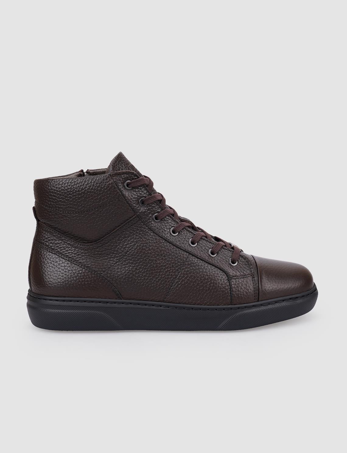 100% Genuine Leather Brown Fur-Lined Zippered Lace-Up Men's Boots